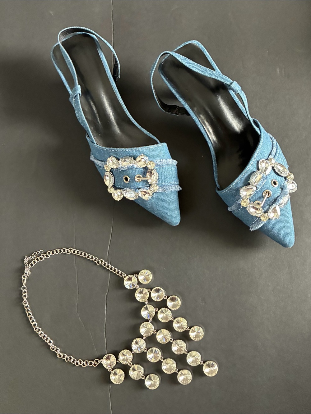 38 Blue Jeweled Pointed Slingback Heels